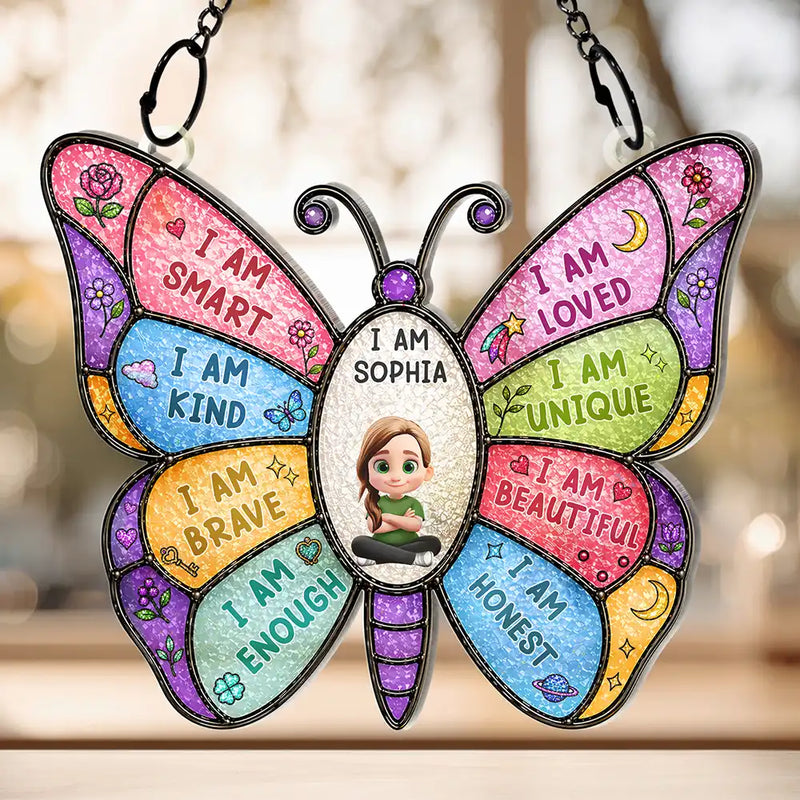 I Am Smart Kind Brave Butterfly - Personalized Window Hanging Suncatcher Ornament - Gift For Kids, Son/Daughter