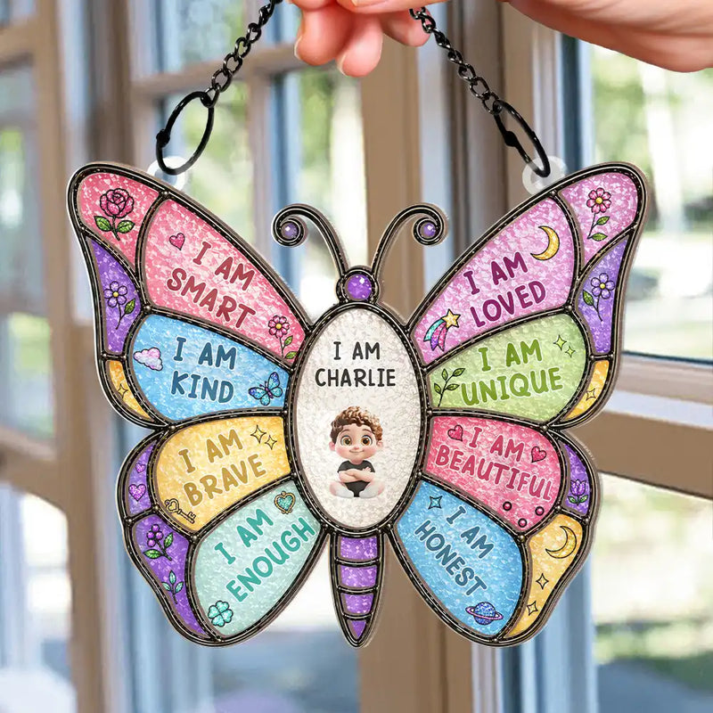 I Am Smart Kind Brave Butterfly - Personalized Window Hanging Suncatcher Ornament - Gift For Kids, Son/Daughter