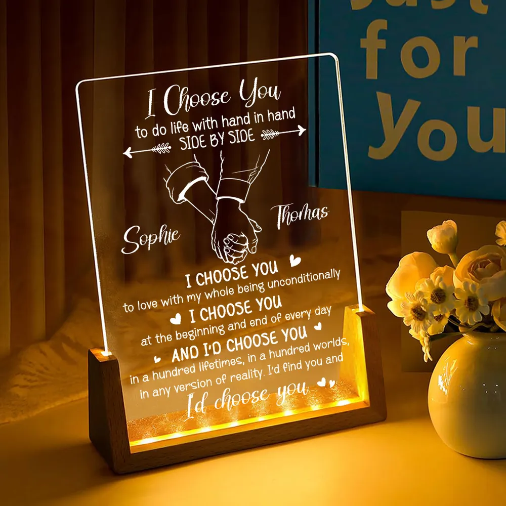 I Choose You Couple - Personalized Night Light, 3D Led Lamp With Wooden Base - Wedding, Anniversary Gift For Couples, Wife/Husband