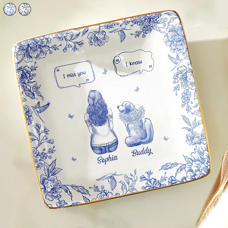 I Miss You Memorial Dog Cat Toile - Personalized Jewelry Dish - Sympathy Gift For Dog Lovers, Cat Lovers, Pet Owners