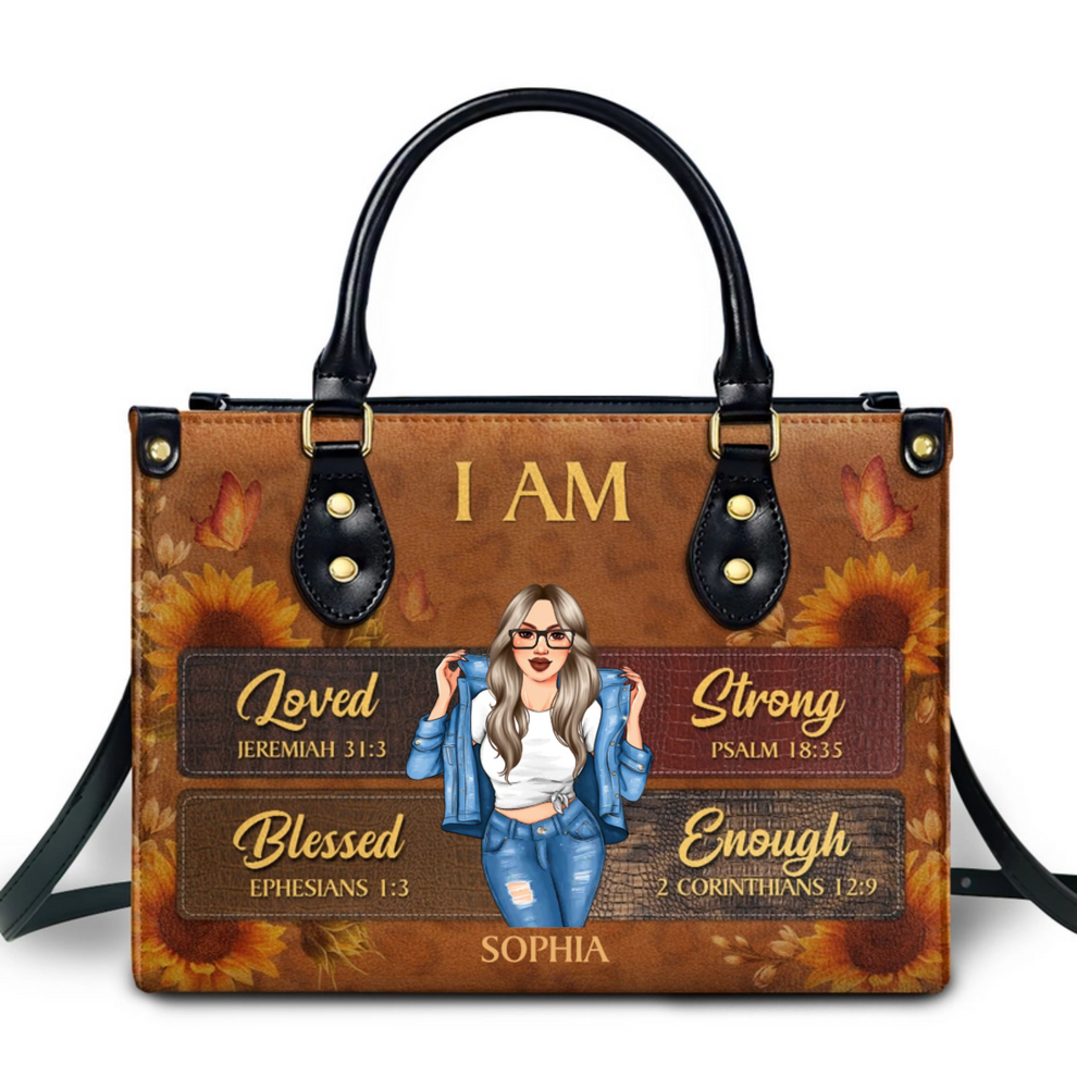 Personalized I Am Loved, Strong, Blessed, Enough handbag, front view with name options