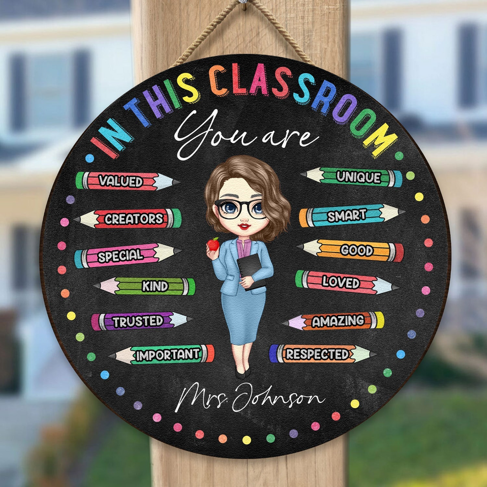 Personalized In This Classroom You Are round wood sign, main view
