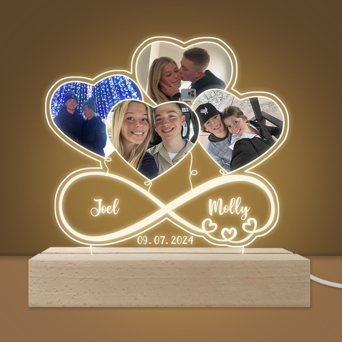 Custom Photo Couple Infinity Love Heart Balloons - Personalized 3D Led Light Wooden Base - Gift For Her/Him, Wife/Husband, Girlfriend/Boyfriend on Anniversary, Valentine's Day