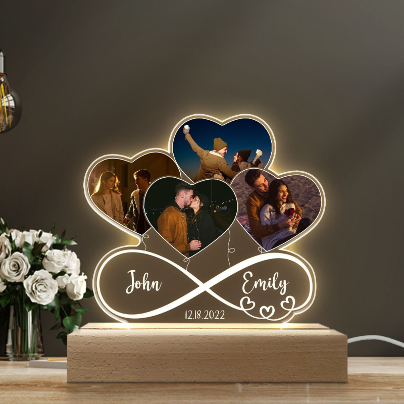 Custom Photo Couple Infinity Love Heart Balloons - Personalized 3D Led Light Wooden Base - Gift For Her/Him, Wife/Husband, Girlfriend/Boyfriend on Anniversary, Valentine's Day