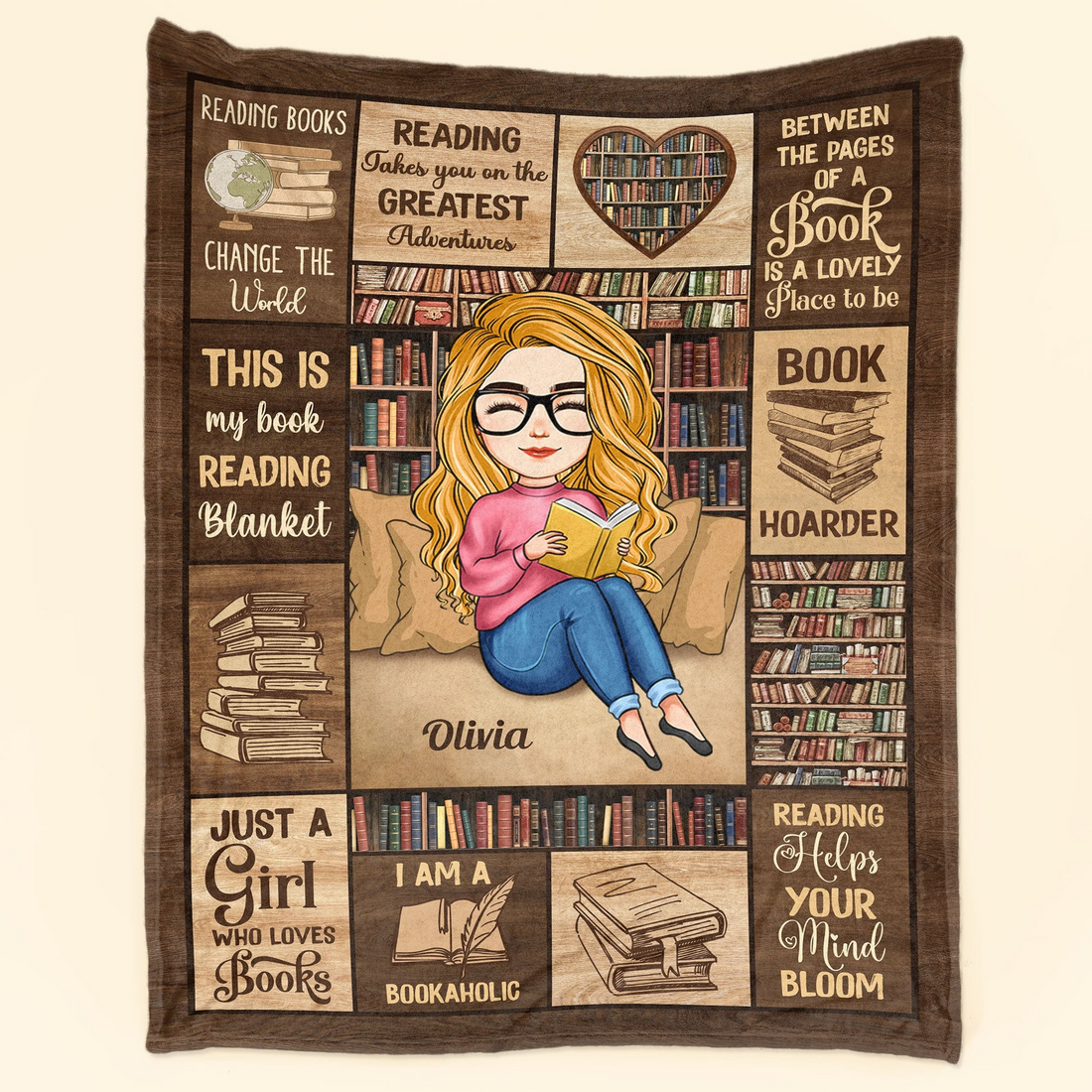 Personalized Just A Girl Who Loves Books fleece blanket, spread across a bed