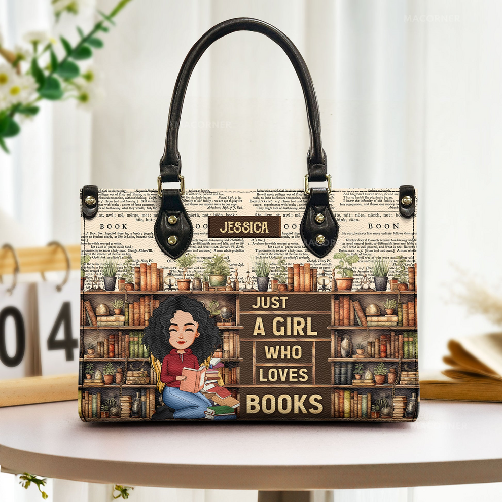 Personalized Vintage Just A Girl Who Loves Books handbag, front view with name options