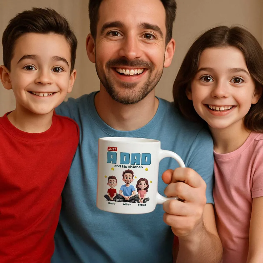 Just A Dad And His Kids 3D Cartoon - Personalized Custom Mug - Father's Day, Birthday Gift For Dad, Daddy