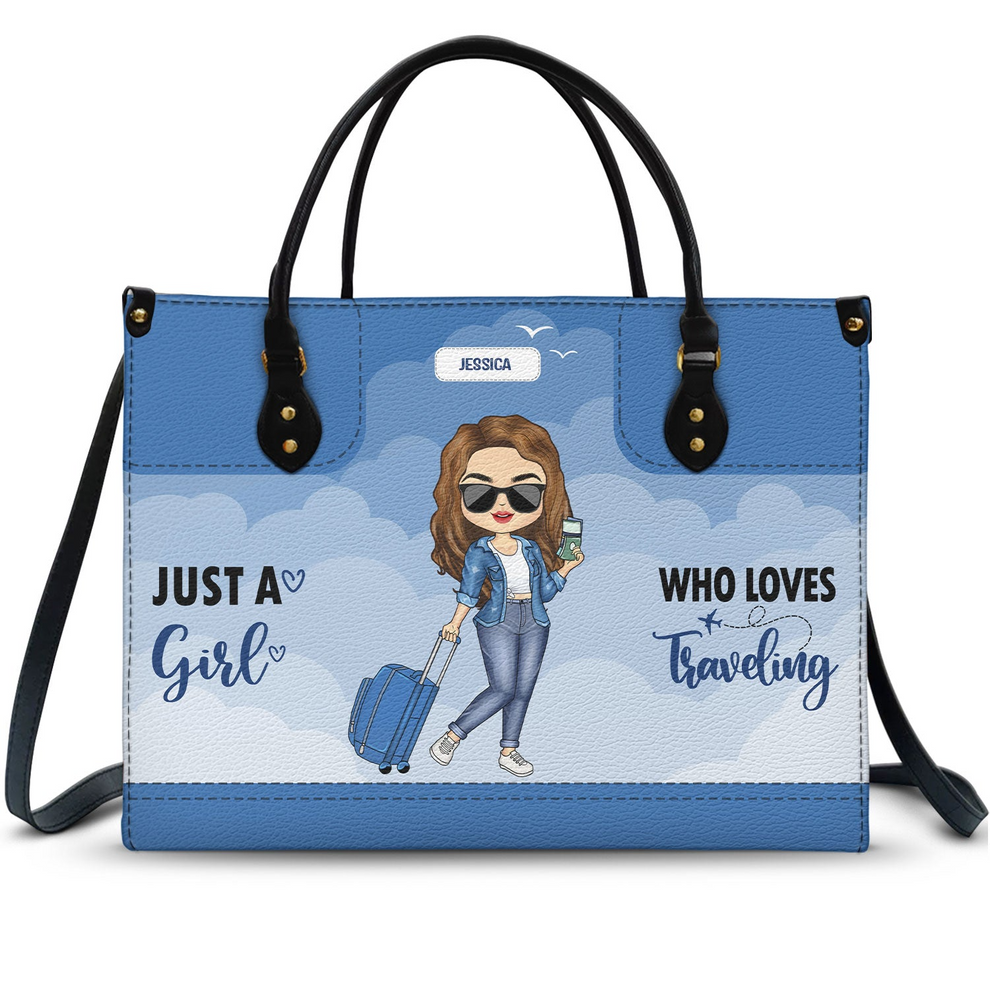 Personalized Just A Girl Who Loves Traveling handbag, front view with name options