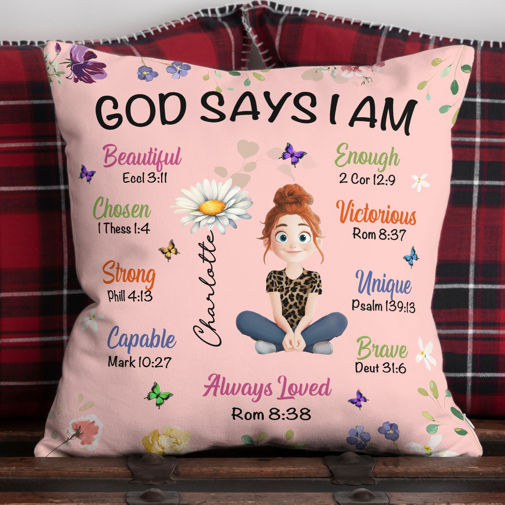 Birth Flower God Says I Am Christian personalized pillow, main view