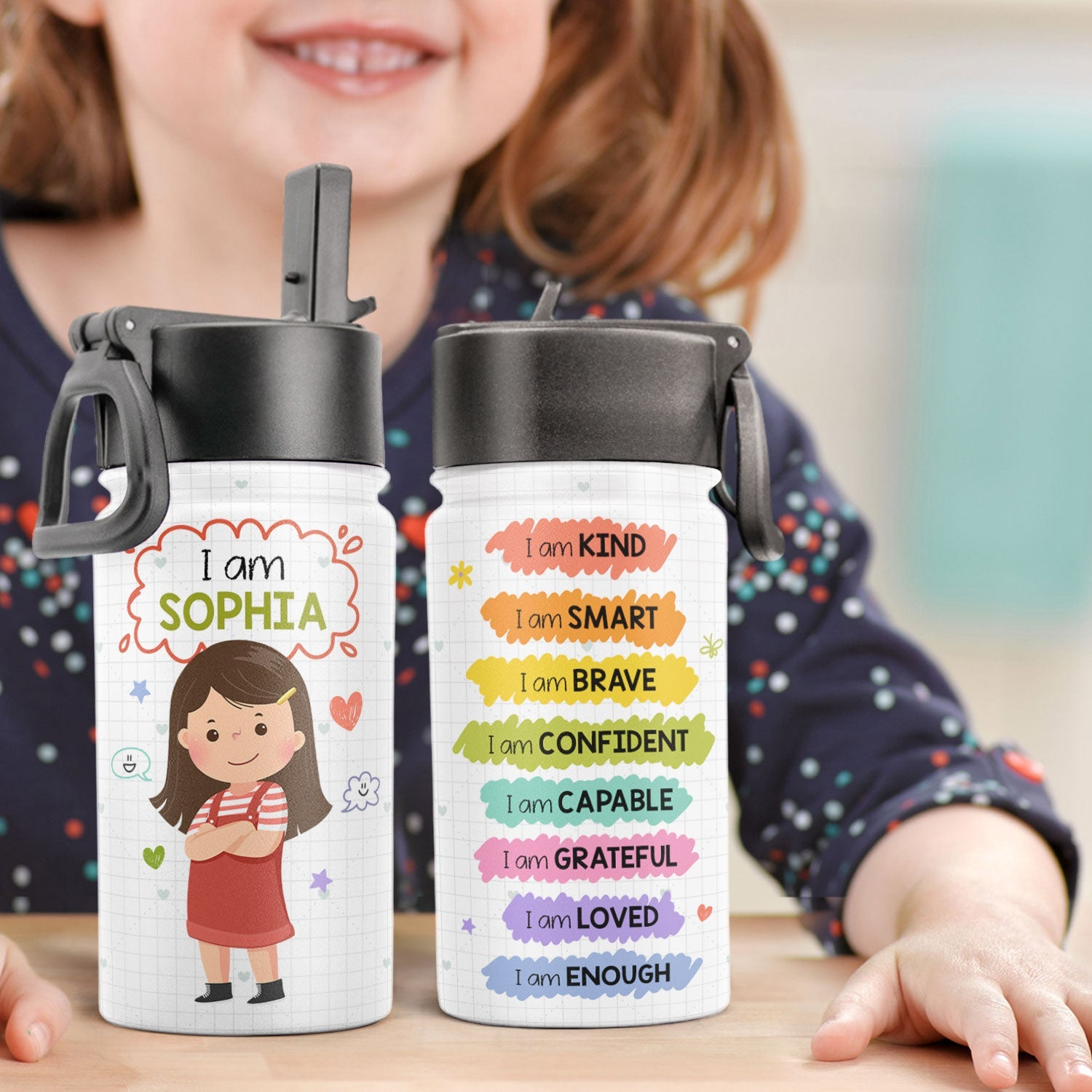 I am Kind Smart Brave - Personalized Kids Stainless Steel Water Bottle - Custom Gift For Back To School, First Day of School - Student, Son, Daughter | Kindergarten, Pre-K, Preschool