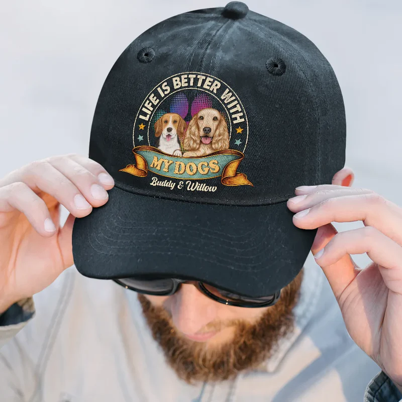 Life Is Better With Cat Dog - Personalized Custom Vintage Washed Denim Cap - Father's Day Gift for Dog Dad, Cat Dad, Dog Lovers, Cat Lovers
