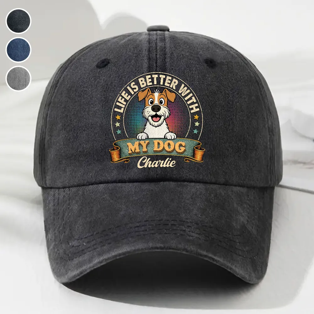 Life Is Better With My Dog - Personalized Custom Vintage Washed Denim Cap - Father's Day Gift for Him, Husband, Daddy, Dog Lovers