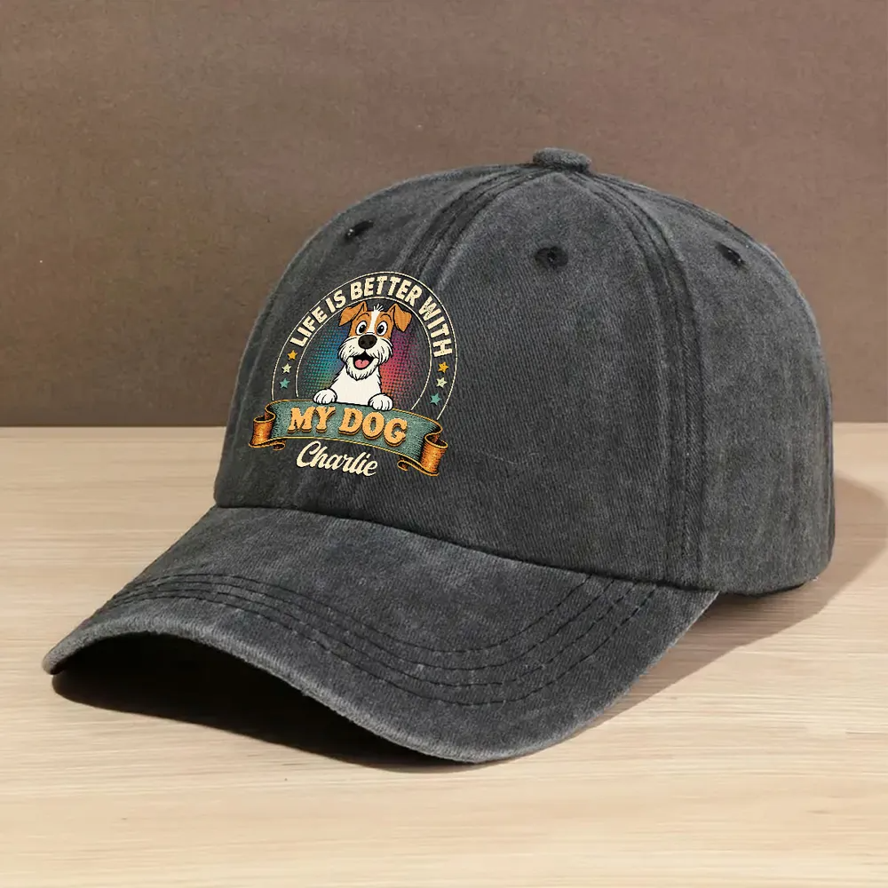 Life Is Better With My Dog - Personalized Custom Vintage Washed Denim Cap - Father's Day Gift for Him, Husband, Daddy, Dog Lovers