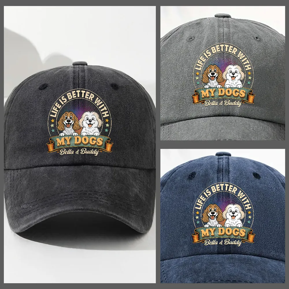 Life Is Better With My Dog - Personalized Custom Vintage Washed Denim Cap - Father's Day Gift for Him, Husband, Daddy, Dog Lovers