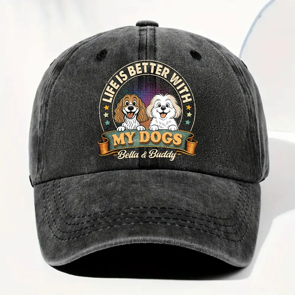Life Is Better With My Dog - Personalized Custom Vintage Washed Denim Cap - Father's Day Gift for Him, Husband, Daddy, Dog Lovers