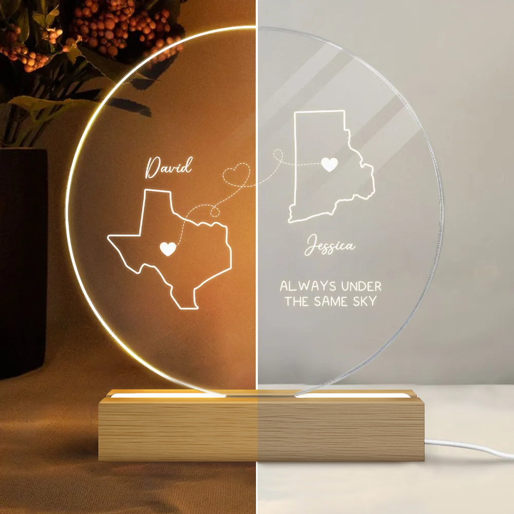 Long Distance Couple Always Under The Same Sky - Personalized 3D Led Light Wooden Base - Gift For Her/Him, Wife/Husband, Girlfriend/Boyfriend on Anniversary, Valentine's Day