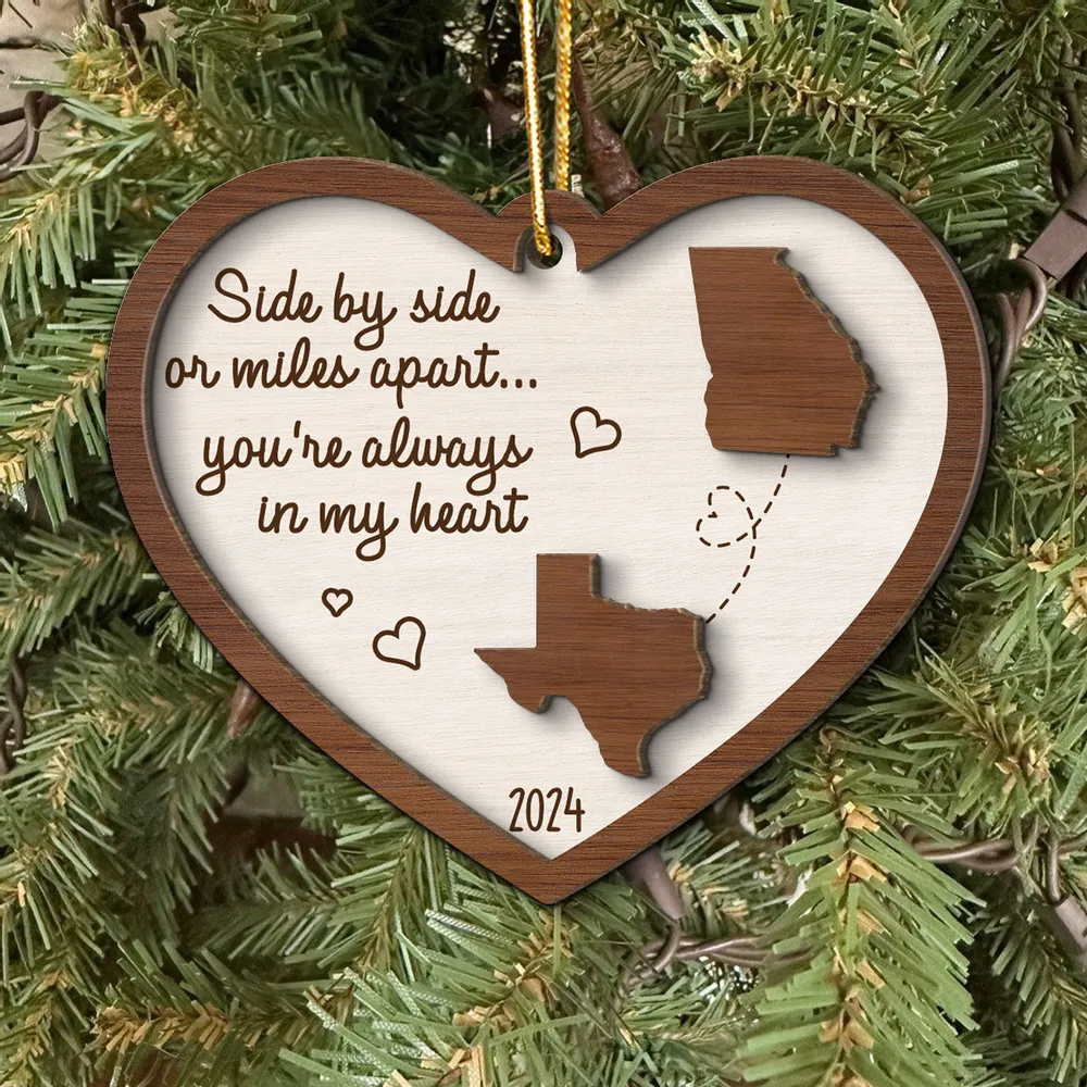 Miles Apart Long Distance Family Friendship State Map 2 layers custom shaped wooden ornament, alternate view 2