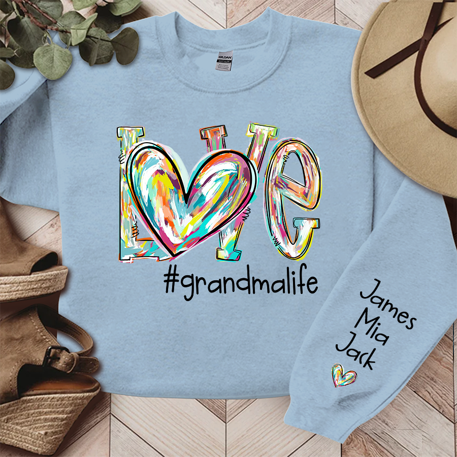 Love Grandma Life Color Heart - Personalized Sleeve Printed Sweater - Gift for Grandma, Nana, Grandparent