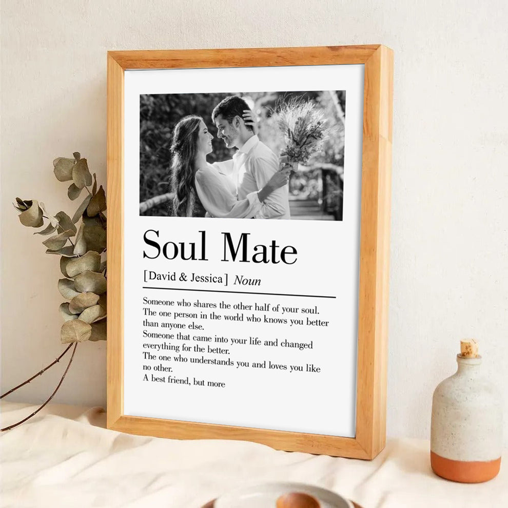 Custom Photo Soul Mate Defination poster, leaning against a wall on a wooden floor