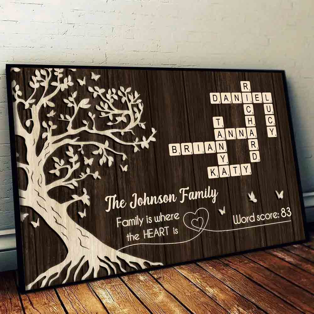 Family is Where the Heart is, Crossword Tree of Life - Personalized Poster/Canvas Prints - Gift For Family Members, Mom and Dad