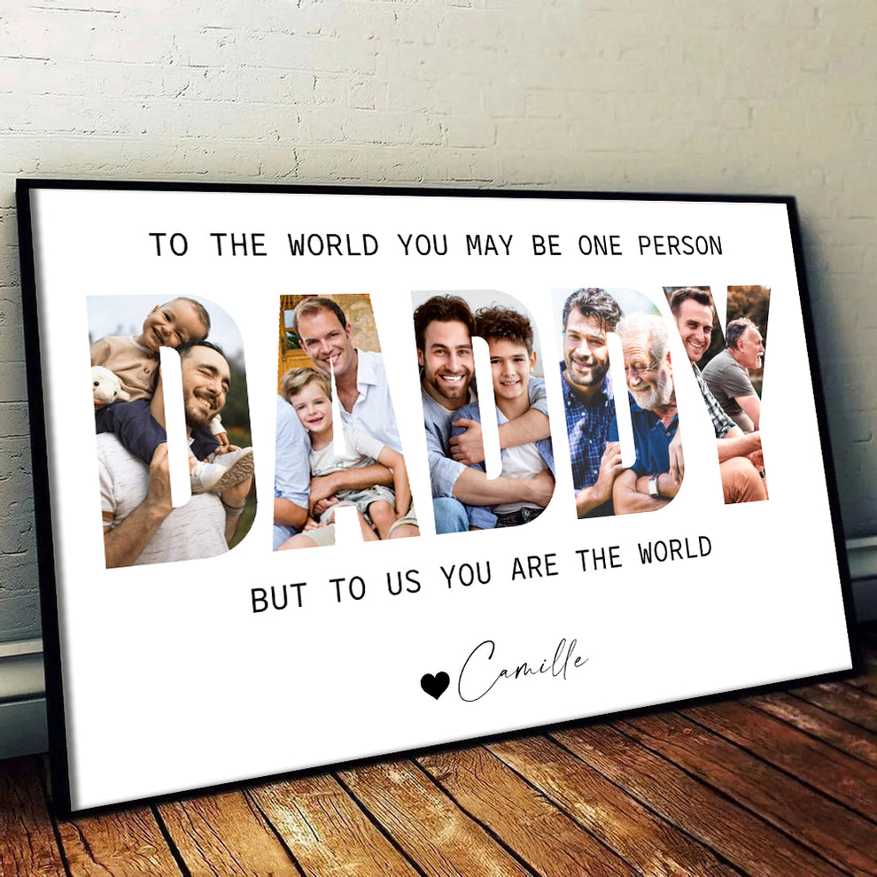 Custom Photo Daddy Photo Collage poster, leaning against a wall on a wooden floor