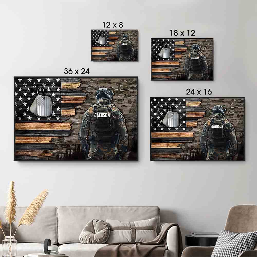 Personalized Custom Name Military American Flag canvas print, size options shown on a sofa wall