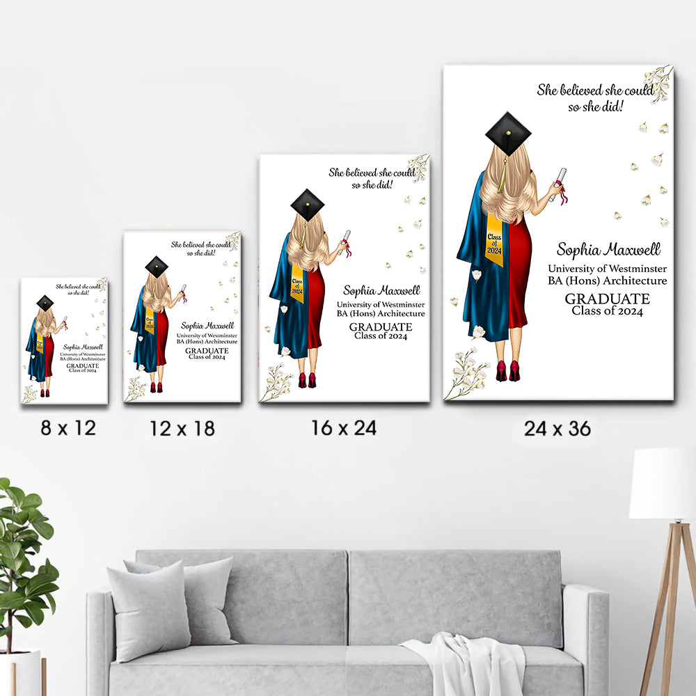 Personalized She Believed She Could So She Did poster, size options shown on a sofa wall