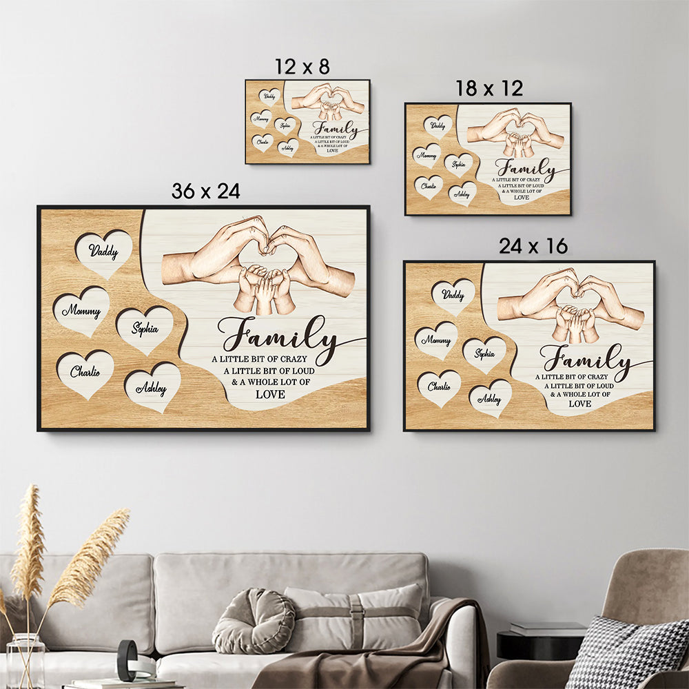Personalized Family Hands A Whole Lot Of Love canvas print, size options shown on a sofa wall