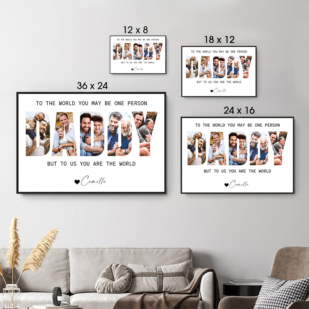 Custom Photo Daddy Photo Collage poster, size options shown on a sofa wall