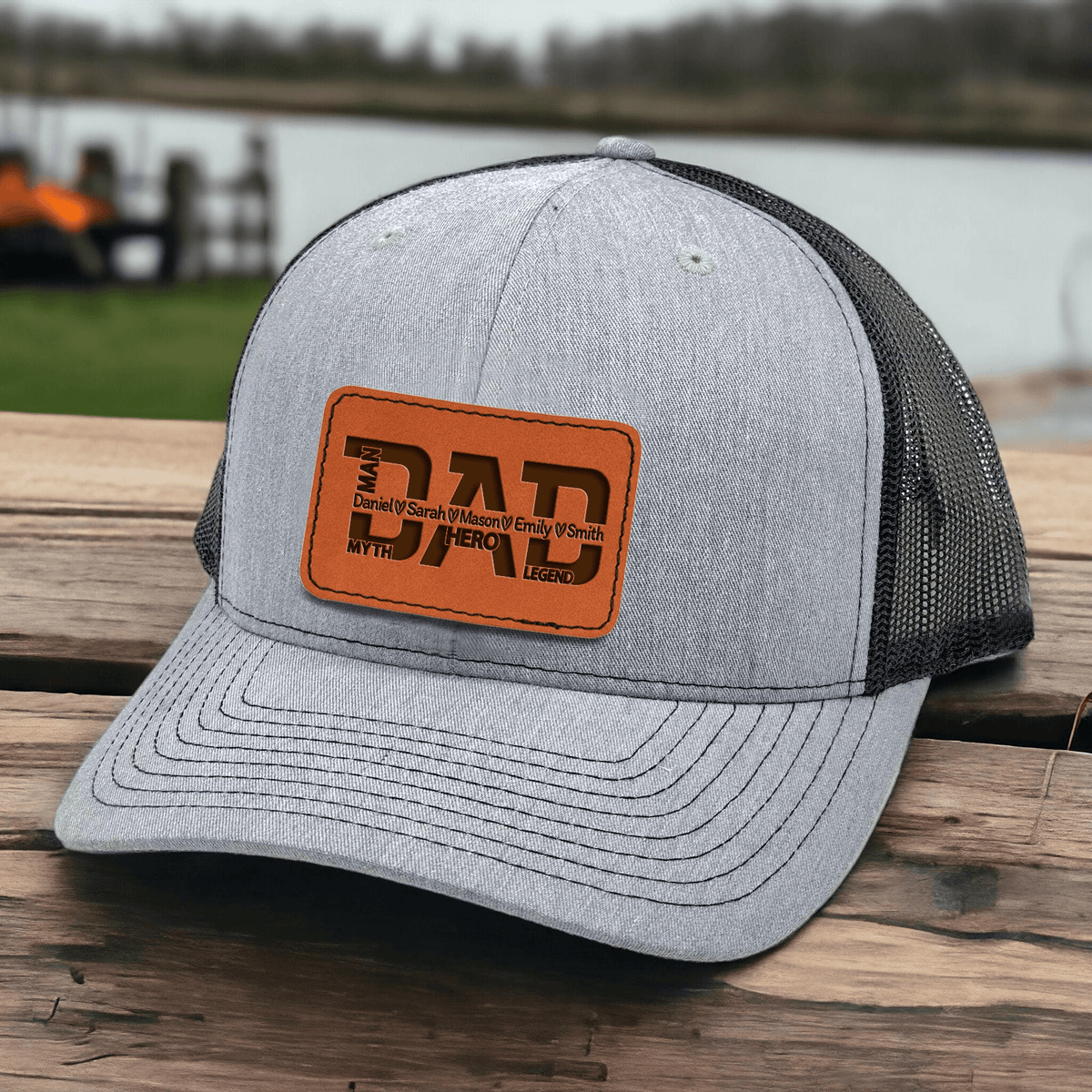 Custom Dad Hat with Kids Names - The Man Myth Legend - Personalized Leather Patch Trucker Hat - Father's Day Gift for Him, Husband, Daddy, Grandpa