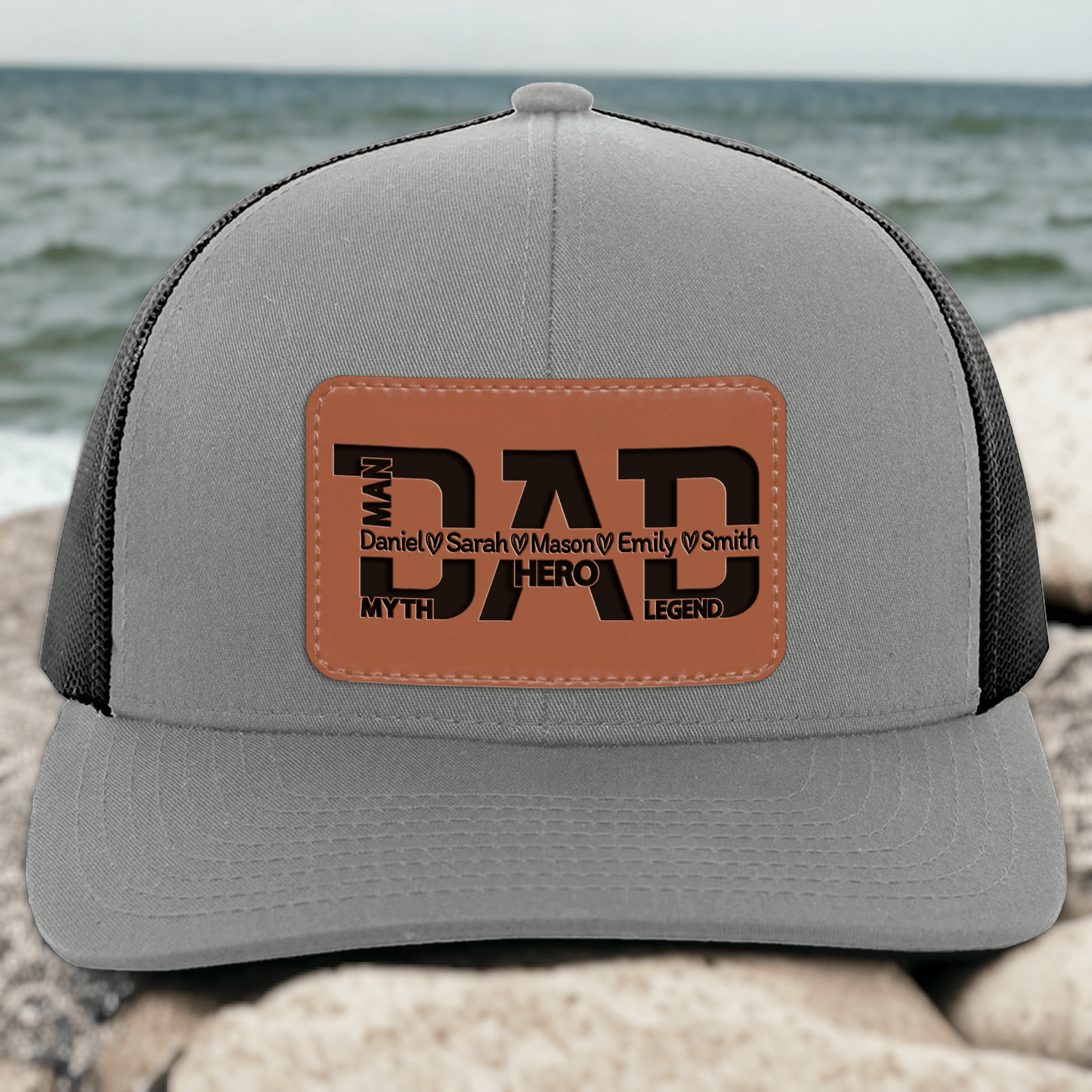 Custom Dad Hat with Kids Names - The Man Myth Legend - Personalized Leather Patch Trucker Hat - Father's Day Gift for Him, Husband, Daddy, Grandpa