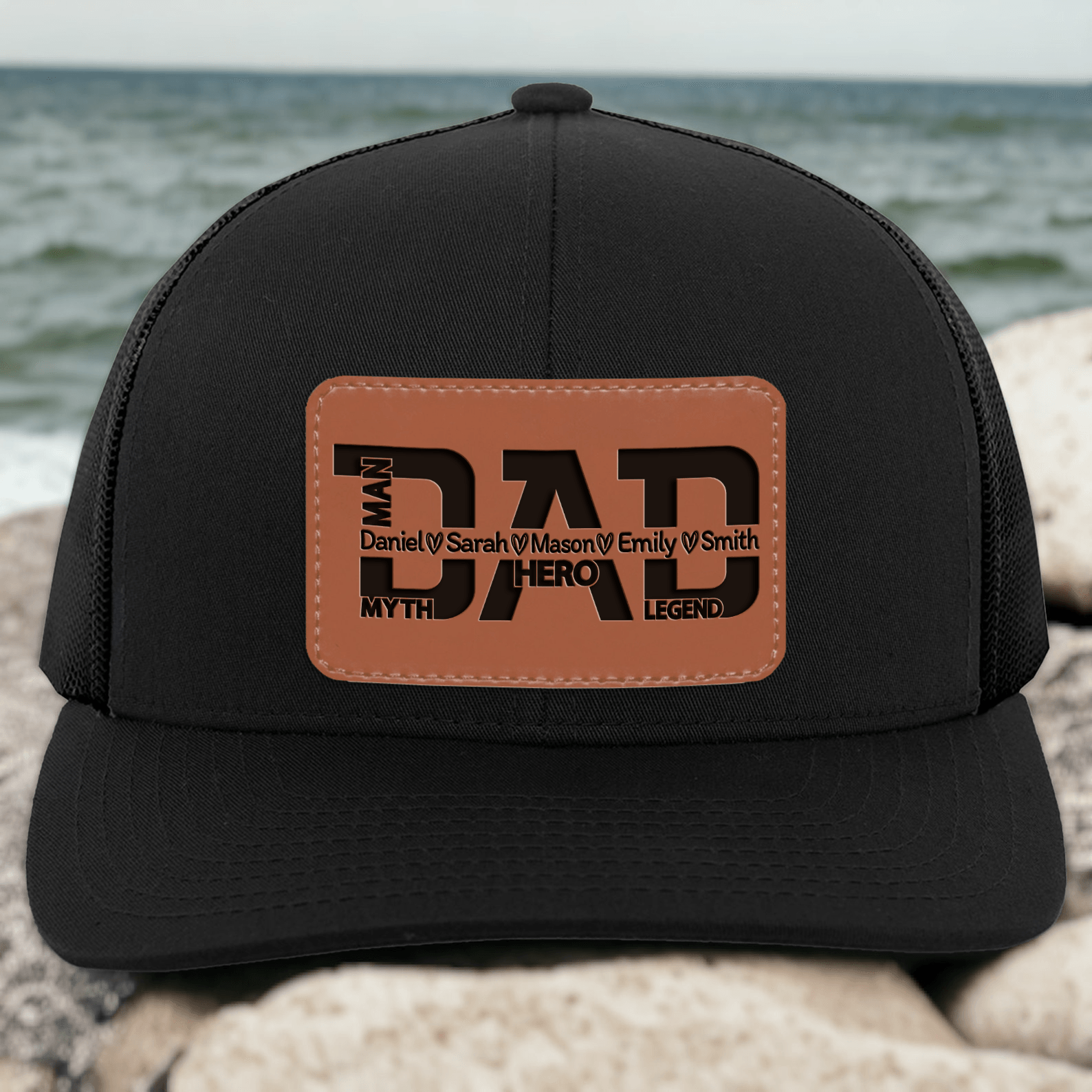 Custom Dad Hat with Kids Names - The Man Myth Legend - Personalized Leather Patch Trucker Hat - Father's Day Gift for Him, Husband, Daddy, Grandpa