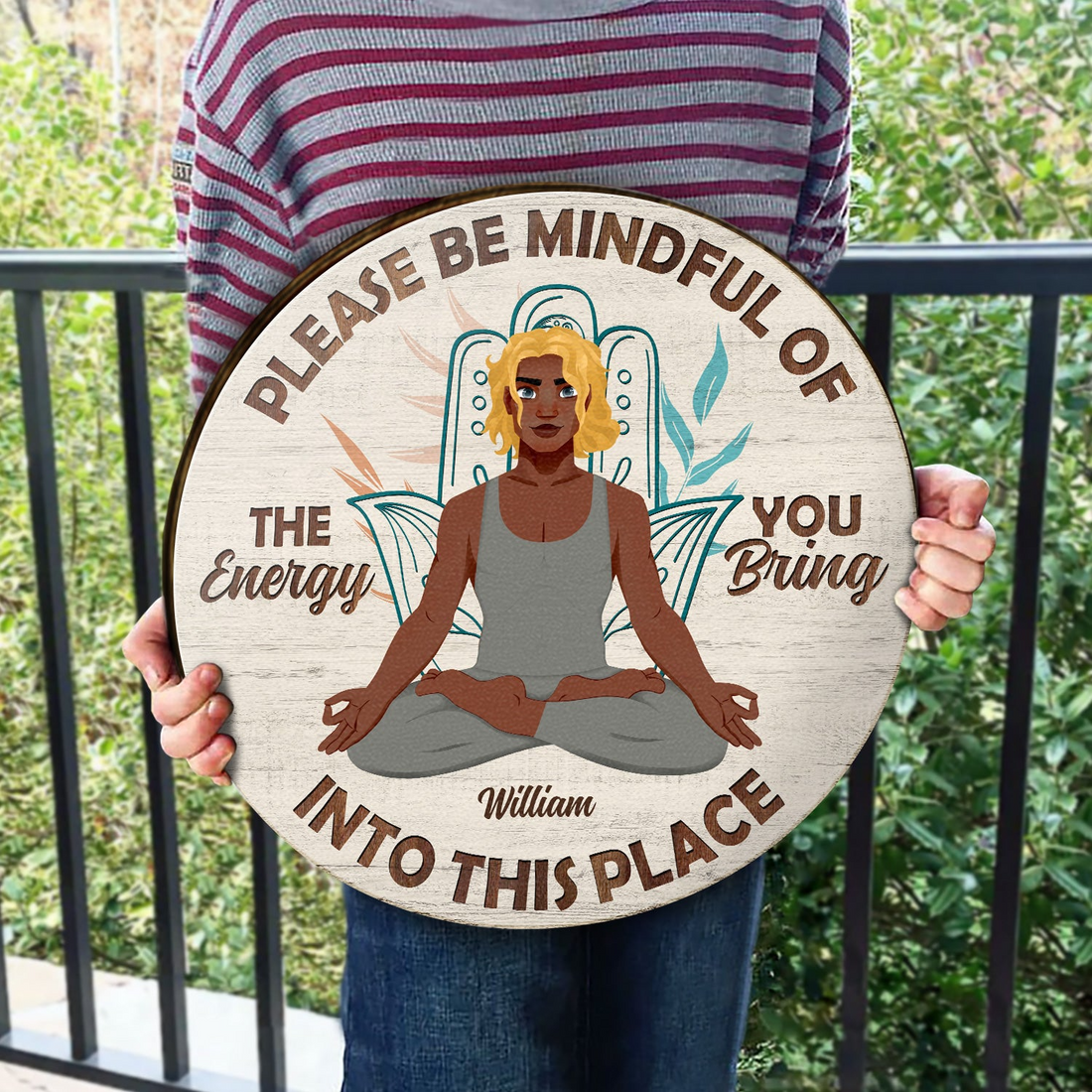 Personalized Please Be Mindful round wood sign, alternate view 3