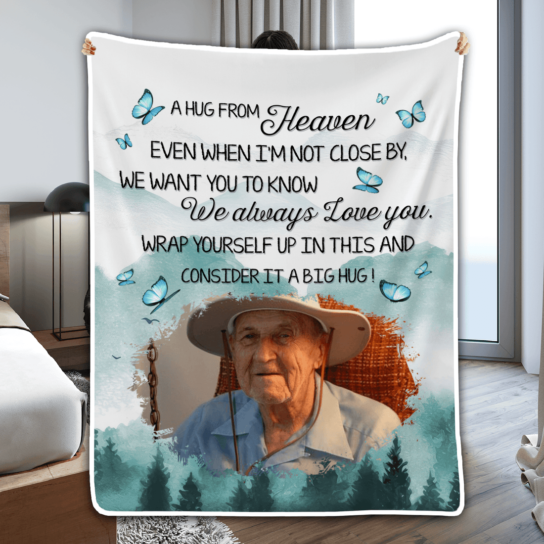 Custom Photo I Always Love You fleece blanket, held up in a bright room