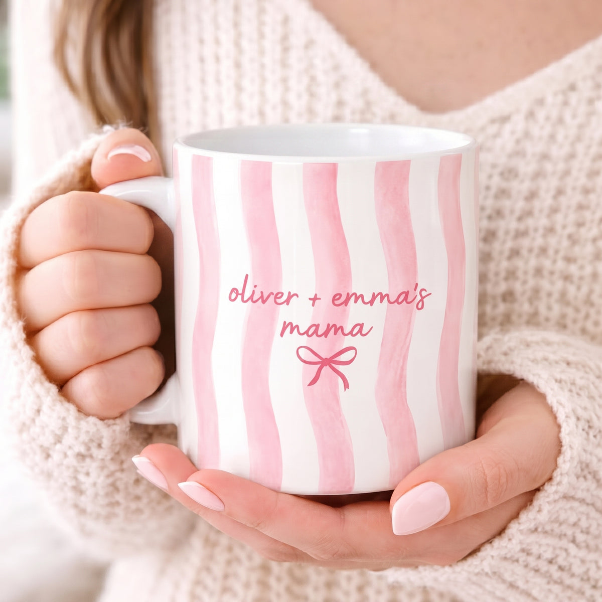 Kids Names Watercolor Pink Striped Mama Mug - Personalized Custom Mug - Mother's Day Gift For Mom, Grandma