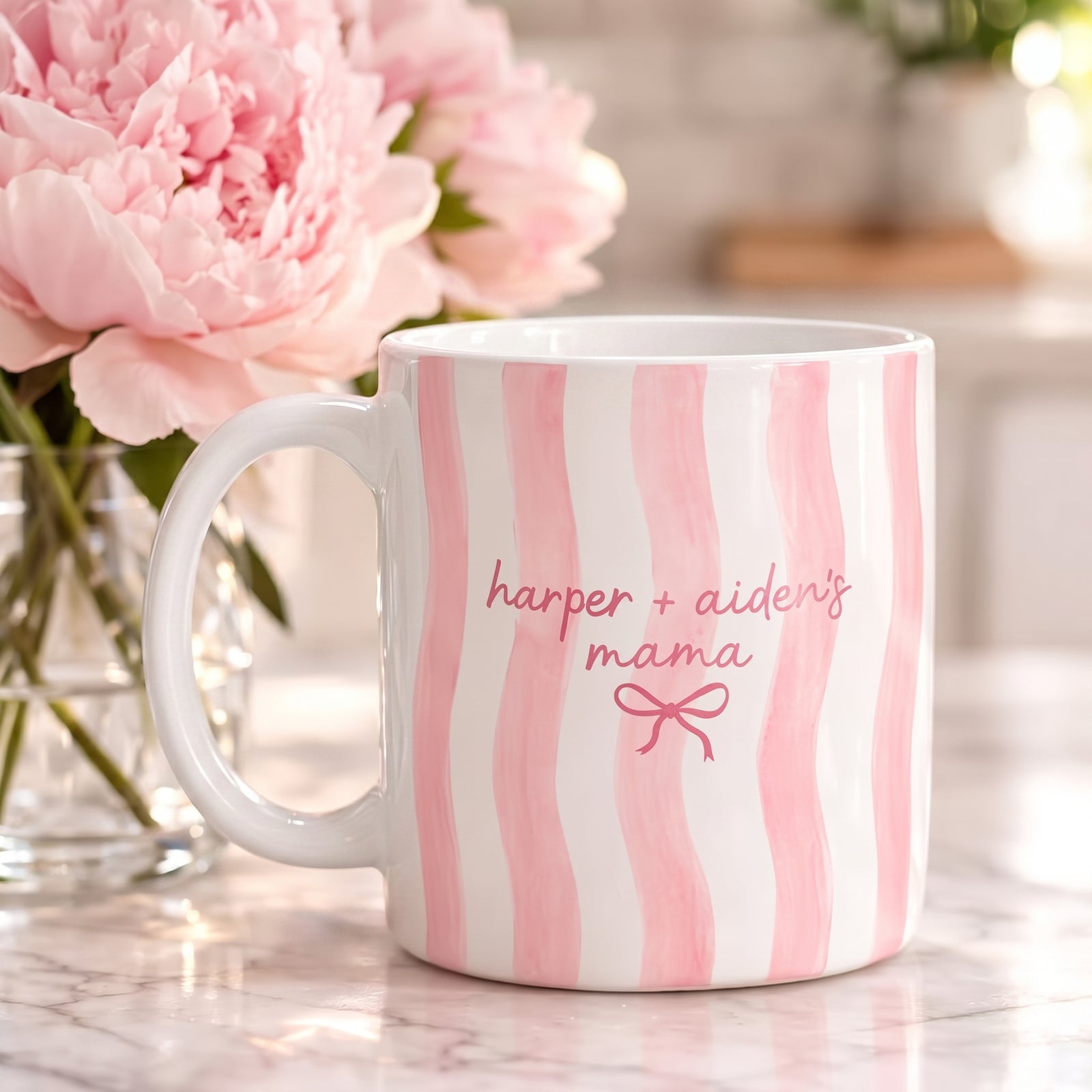 Kids Names Watercolor Pink Striped Mama Mug - Personalized Custom Mug - Mother's Day Gift For Mom, Grandma