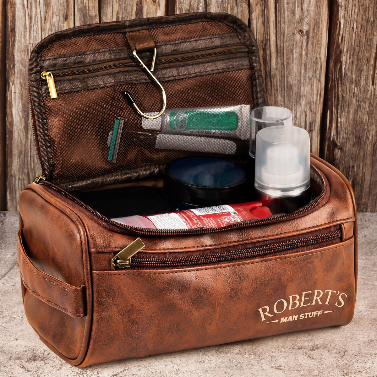 Man Stuff - Personalized Leather Toiletry Bag - Father's Day Gift for Him, Husband, Dad, Papa, or Grandpa