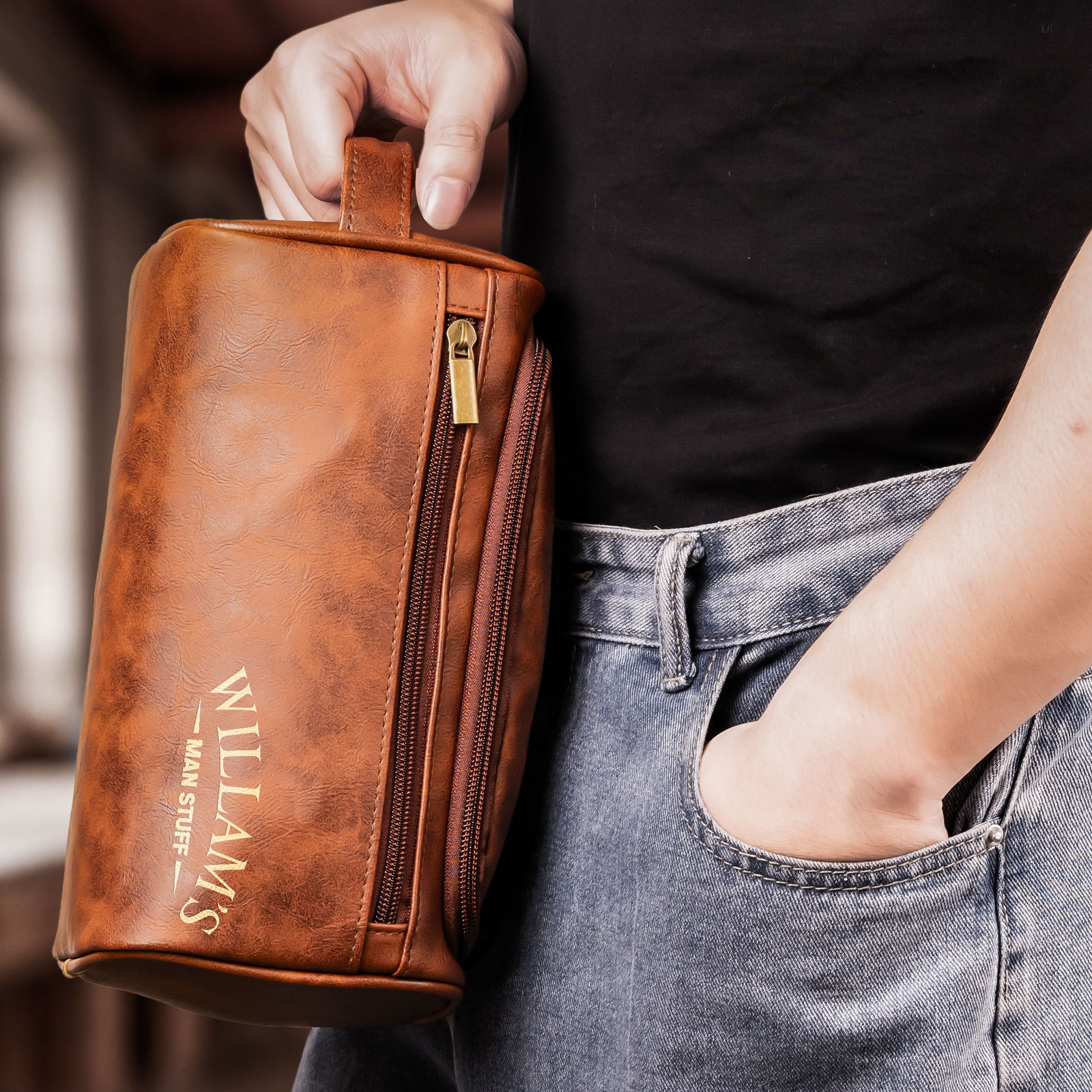 Man Stuff - Personalized Leather Toiletry Bag - Father's Day Gift for Him, Husband, Dad, Papa, or Grandpa