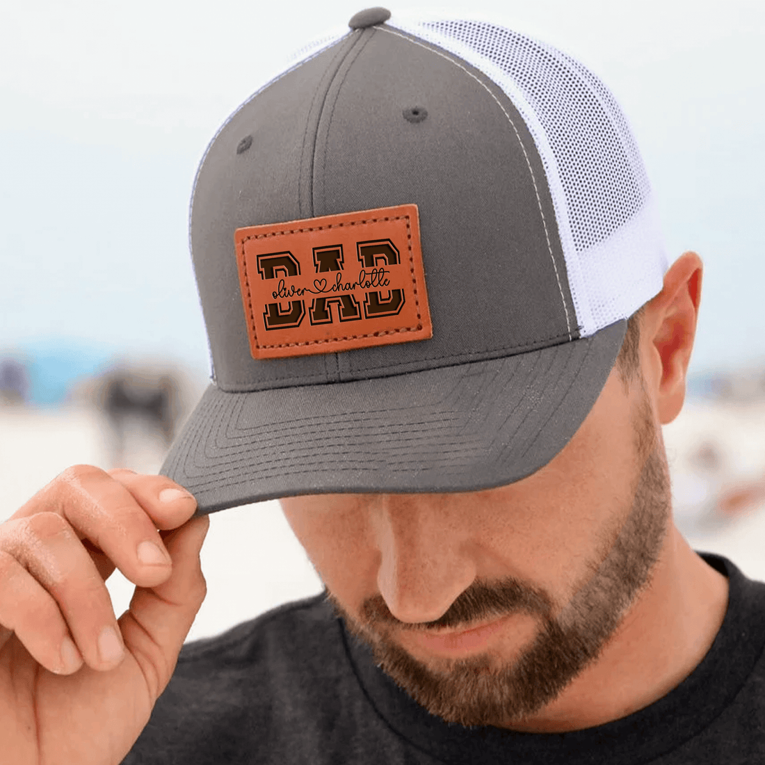 Custom Kids' Names Dad Papa Grandpa Trucker Hat leather patch hat, alternate view 2