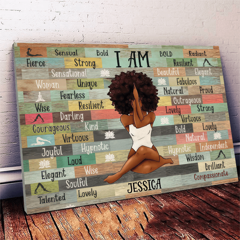 Personalized I Am Black Woman Yoga Pose canvas print, size options shown on a sofa wall