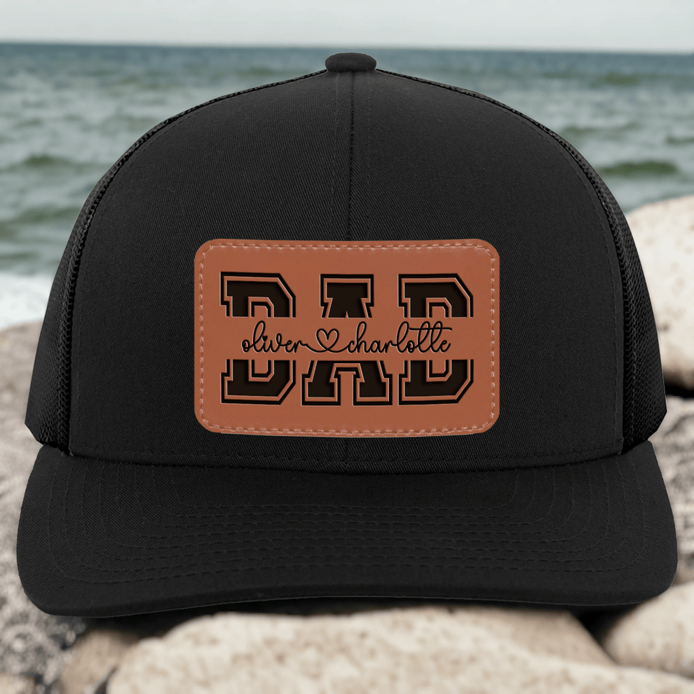 Custom Kids' Names Dad Papa Grandpa Trucker Hat leather patch hat, main view