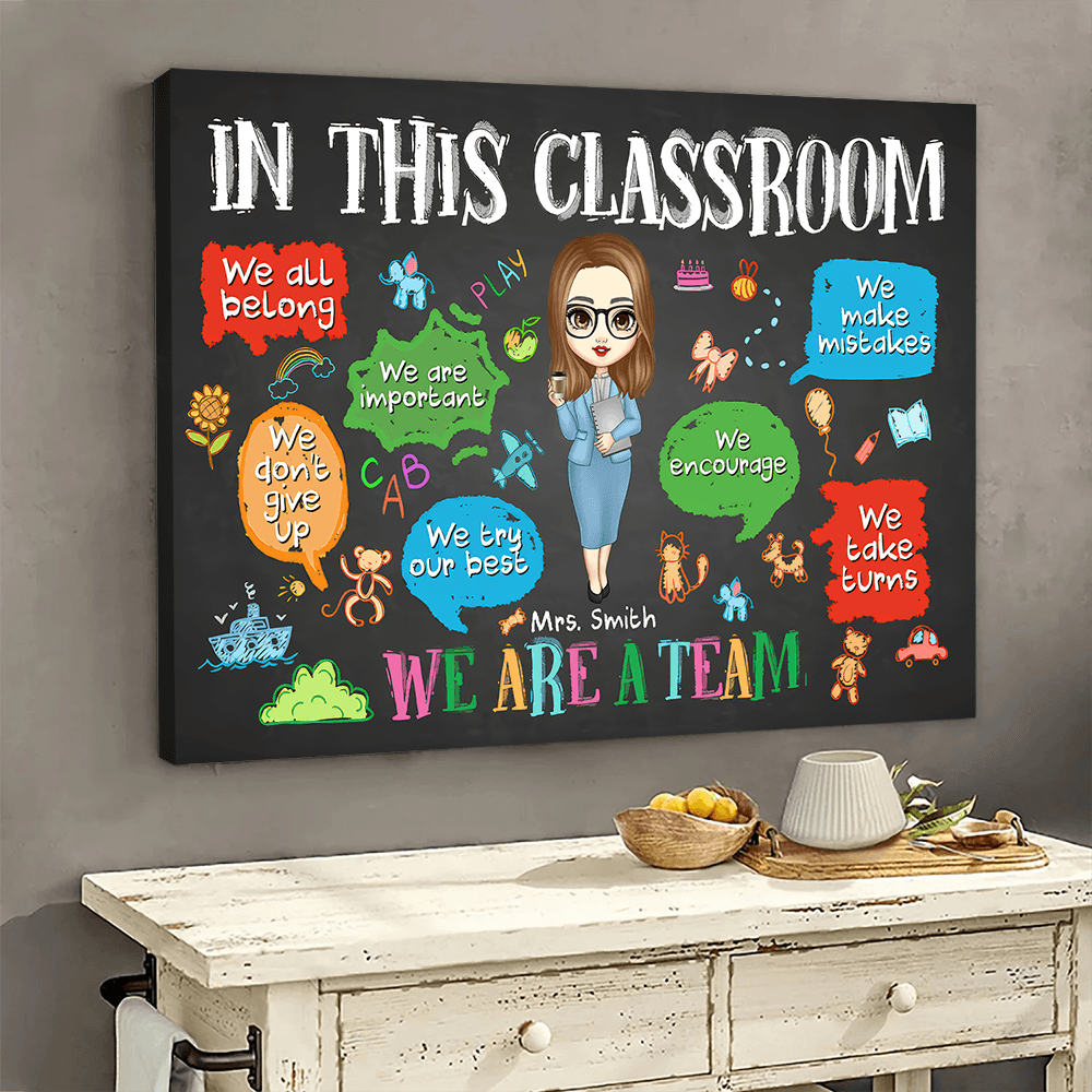 Personalized In This Classroom We Are A Team poster, size options shown on a sofa wall