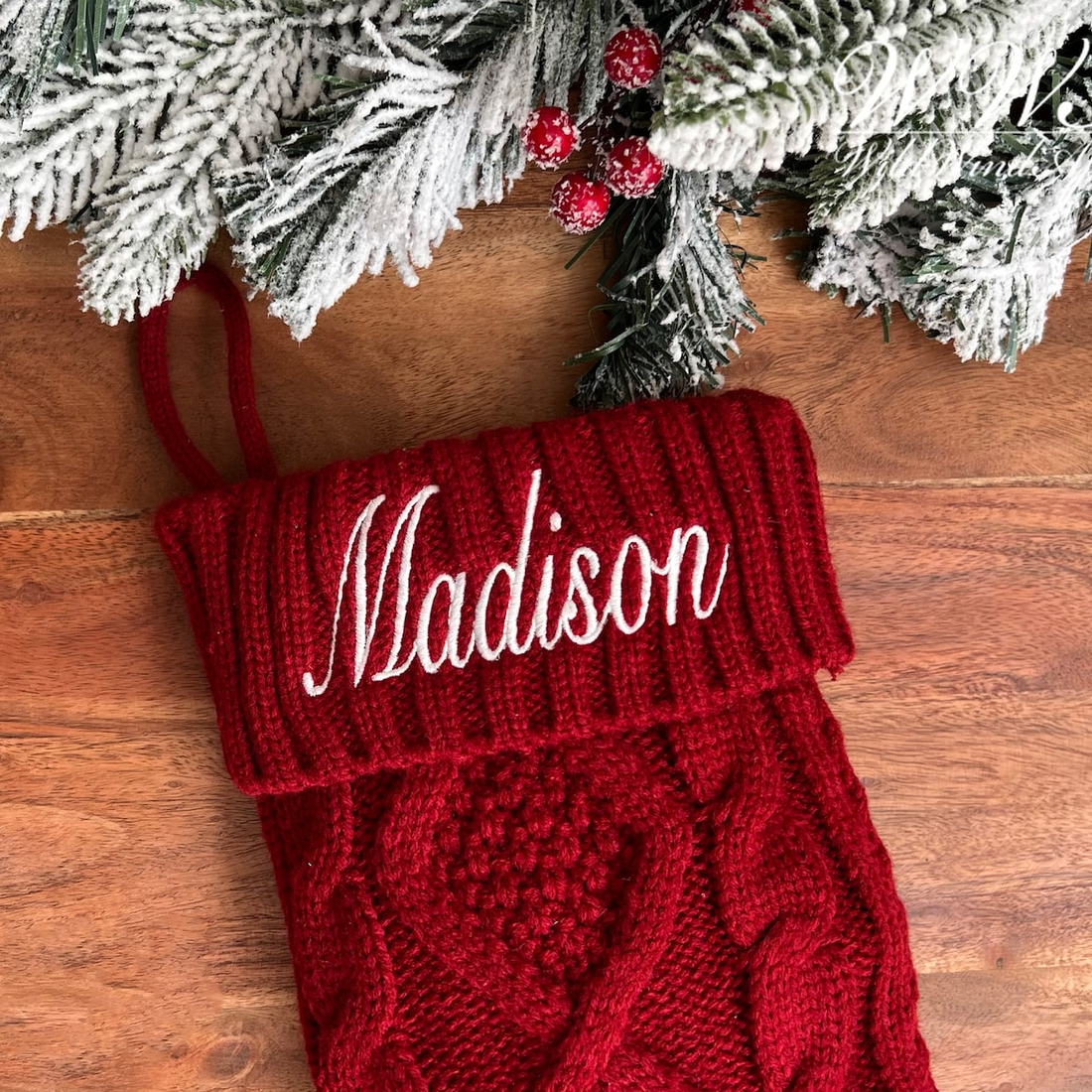 Embroidered cable-knit Christmas stockings with names, alternate view 3