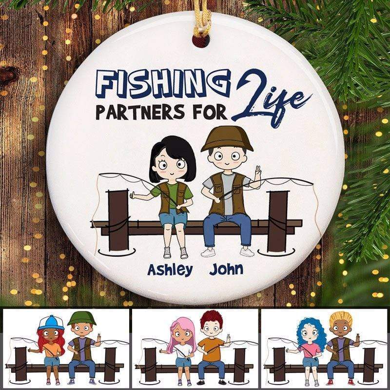 Personalized Fishing Partner For Life Chibi Couple circle ceramic ornament, main view