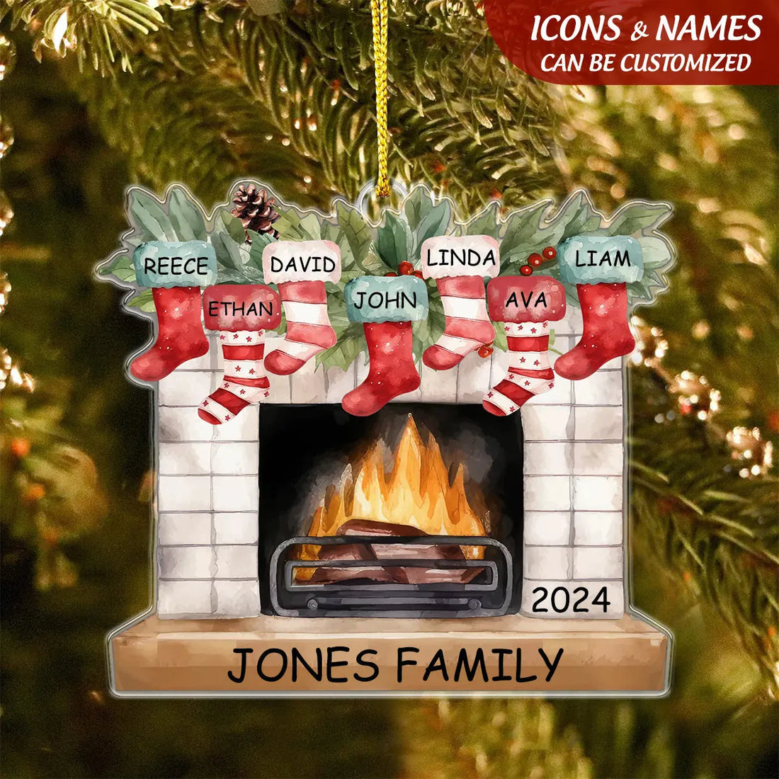 Personalized Christmas Stockings On Fireplace Custom Name Or personalized custom shaped acrylic ornament, alternate view 5