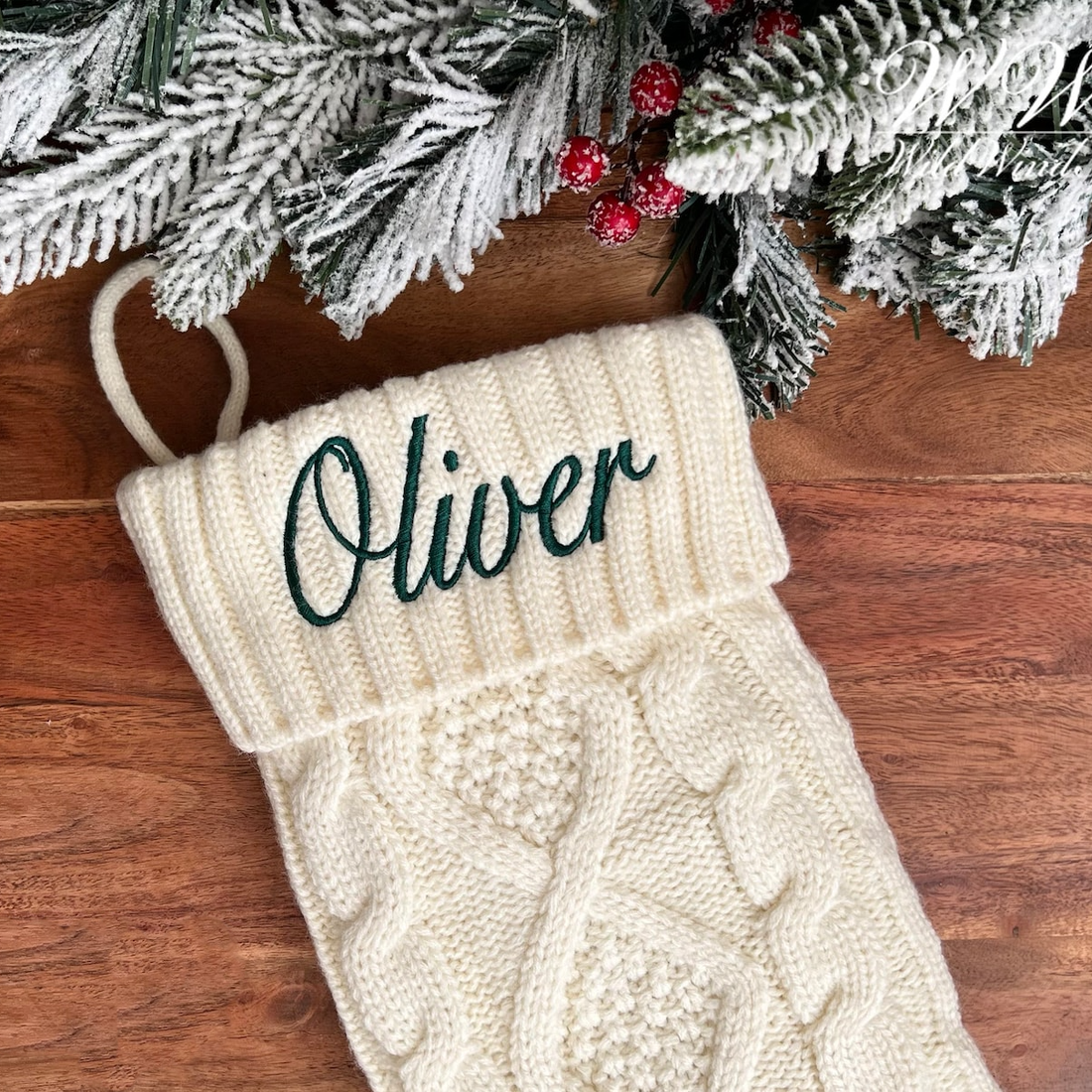 Embroidered cable-knit Christmas stockings with names, alternate view 5