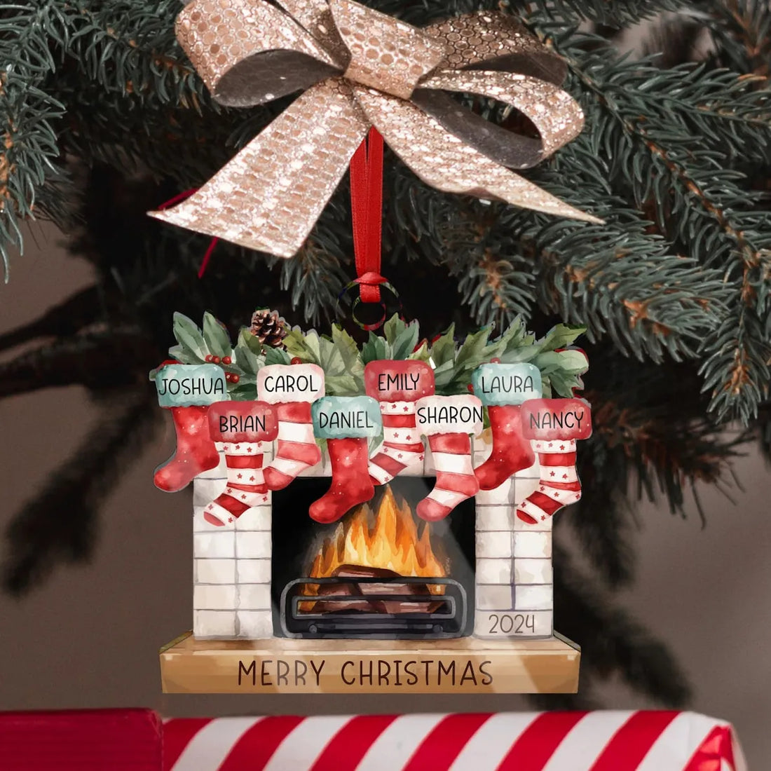 Personalized Christmas Stockings On Fireplace Custom Name Or personalized custom shaped acrylic ornament, alternate view 7