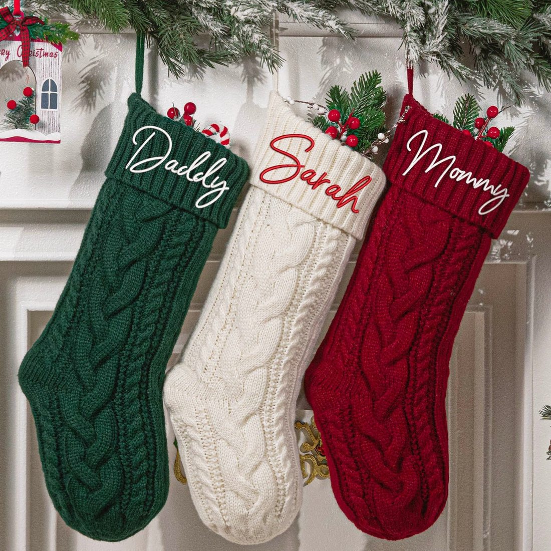 Embroidered cable-knit Christmas stockings with names, alternate view 8