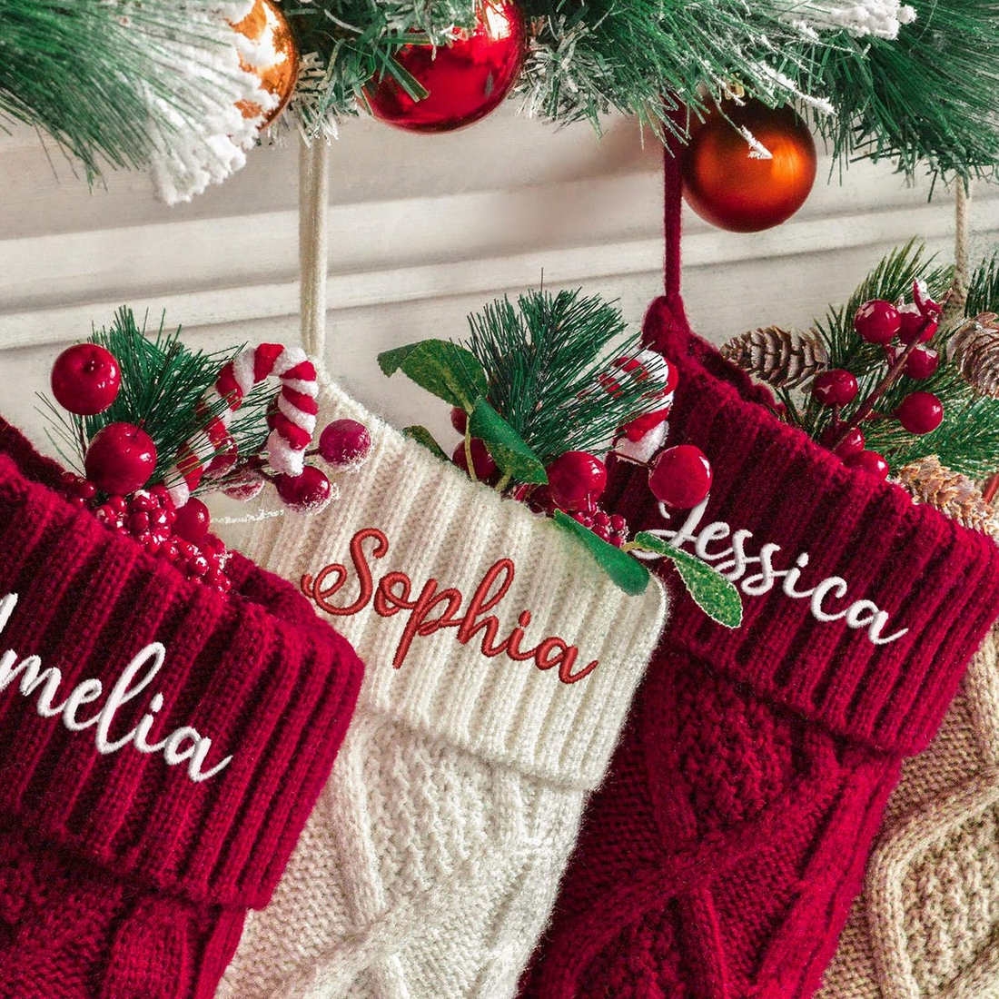 Embroidered cable-knit Christmas stockings with names, alternate view 6