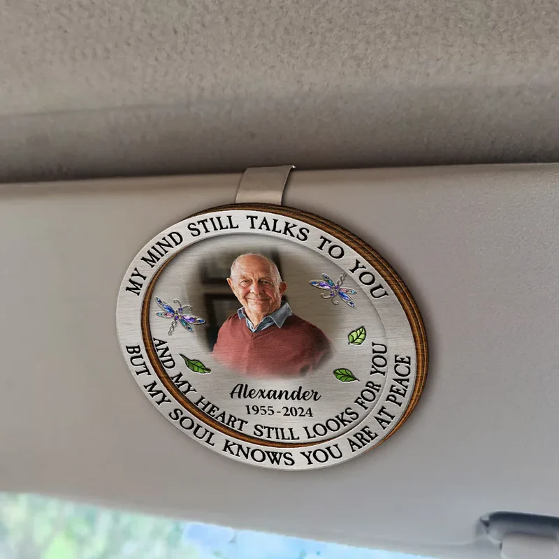 Custom Photo Memorial My Mind Still Talks To You - Personalized Shaped Car Visor Clip - Memorial Sympathy Gifts For Loss Of Mom, Dad